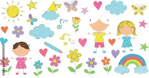 Cute Kids Flower Cloud Summer Doodle Sketch Vector Illustration Set