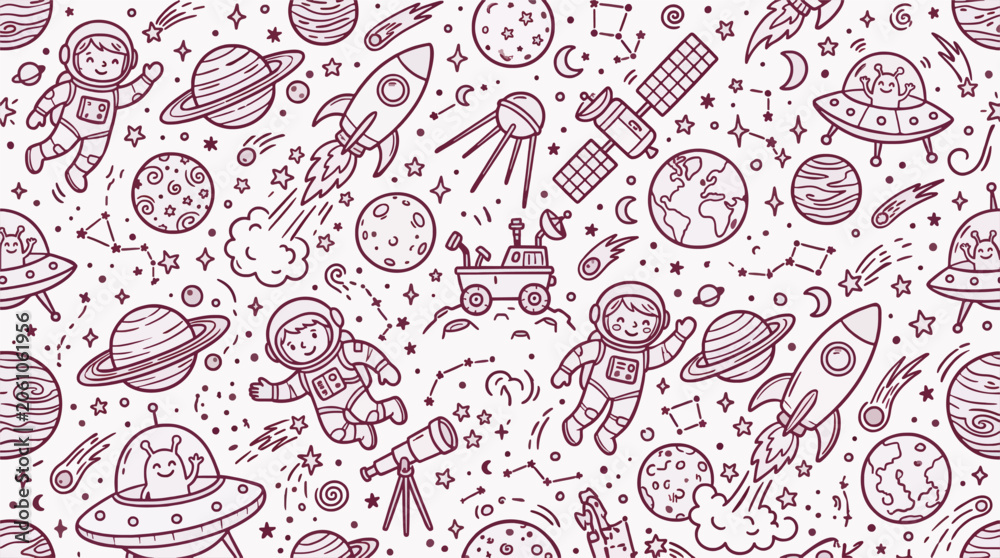 Naklejka premium Seamless Space Doodle Pattern Vector Illustration for Commercial Use