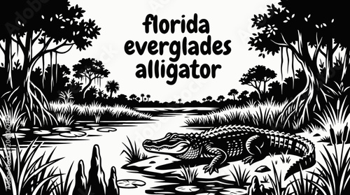 Canvastavla florida everglades wetland landscape with alligator animal near water plants and
