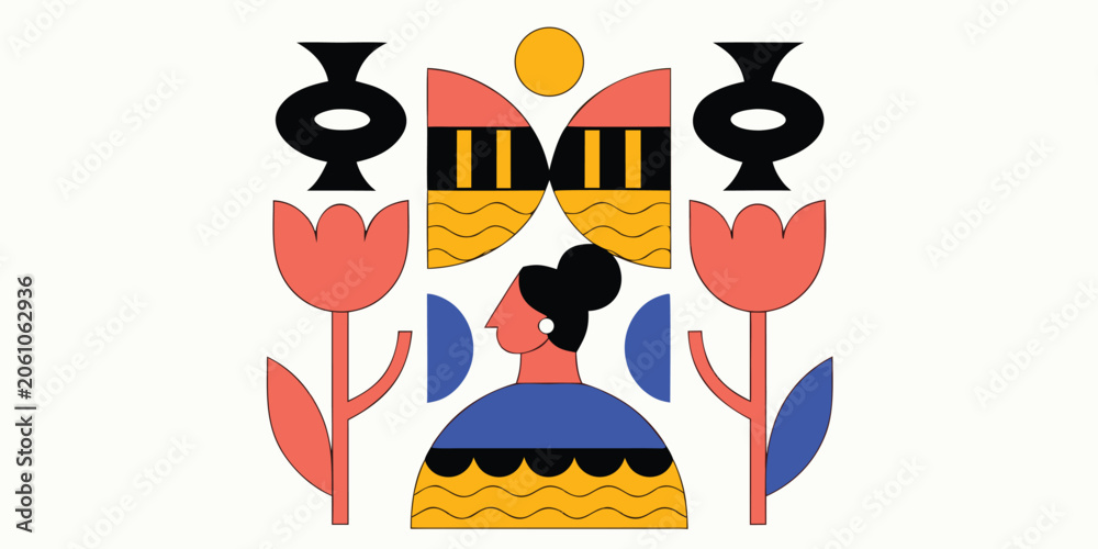 Fototapeta premium Abstract illustration of a woman with black hair surrounded by red tulips, black vases, and golden sun