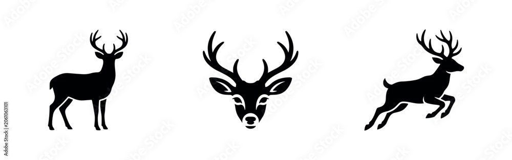 Obraz premium Set of 3 black deer icons on white background