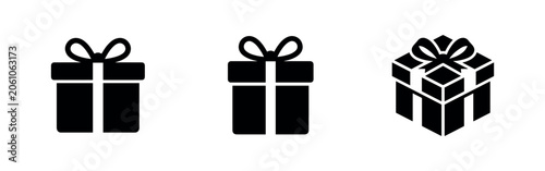 Foto Set of 3 black gift box icons on white background