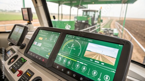 Modern tractor cabin with advanced digital dashboard displaying precision farming data