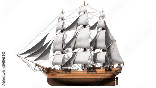 Foto Wooden tall ship with white sails full of wind