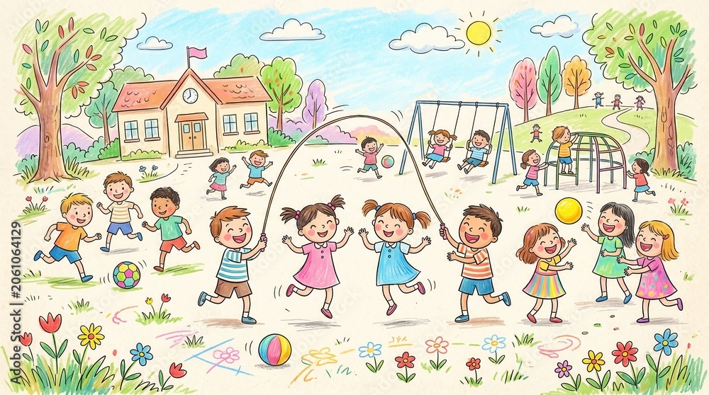 Naklejka premium Young students happily play varied games with balls, jump ropes, and swings on a school playground
