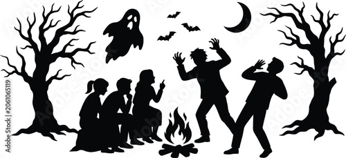 Fotografia Witch and villagers around a campfire at night