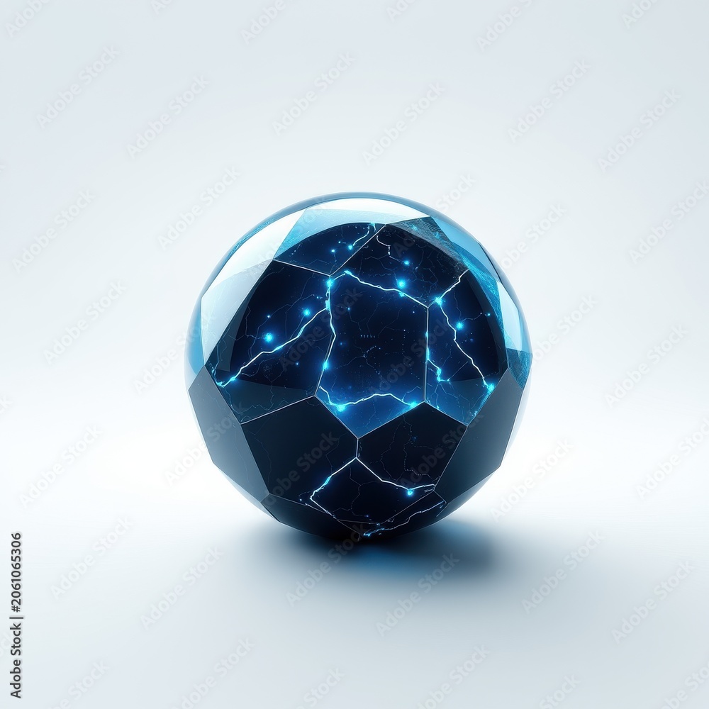 Naklejka premium Geometric sphere glows with internal blue energy. Faceted surface reflects light, creating dynamic visual effect. Modern digital art.