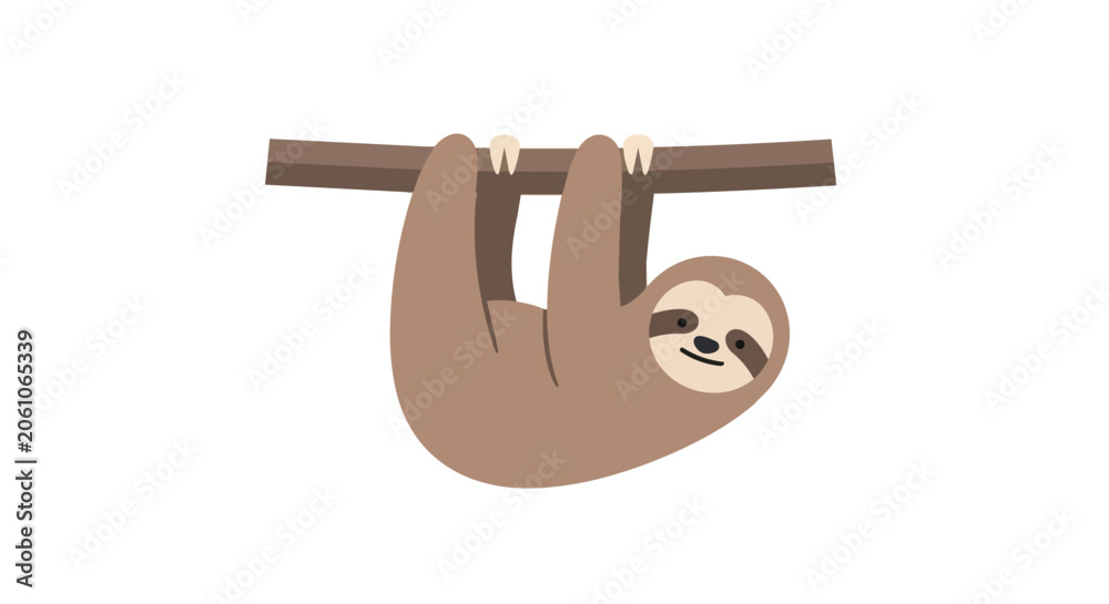 Fototapeta premium Adorable Brown Sloth Hanging on a Tree Branch Vector Illustration for Nature and Wildlife Concepts