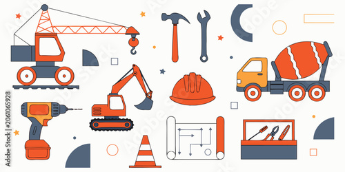 Bild auf Leinwand Under construction theme vector icons featuring orange machinery crane excavator