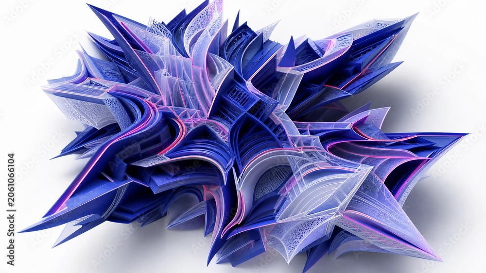 Fototapeta premium Intricate labyrinth of sharp architectural folds in ultramarine matte polymer and translucent vellum paper. Neon magenta lines and deep shadows on a clean white backdrop