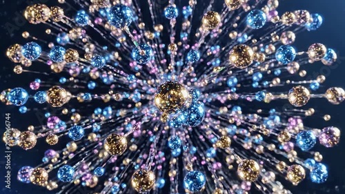 A vibrant, spherical cluster of shimmering, multicolored orbs radiates against a dark, starry night sky