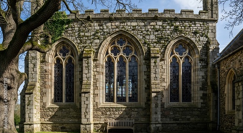 Historic stone building facade with gothic arched windows and ivy detail
