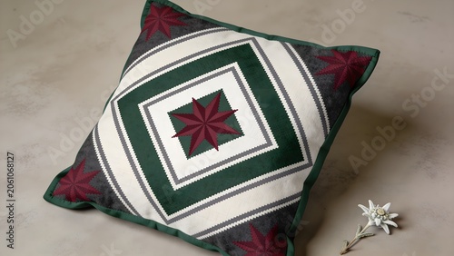 Austrian Loden Geometric Pattern Throw Pillow Mockup — Square-in-Diamond Medallion, Charcoal Forest Green Ivory Red, Home Décor Design