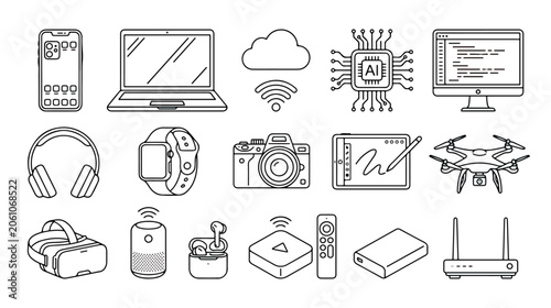 Modern technology icons set, 15 digital device line art vectors, electronic gadget collection for web and app design, smart home and AI hardware