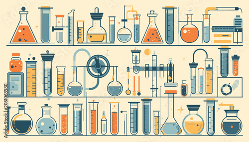 Tableau sur toile A vibrant and detailed illustration of a laboratory filled with various scientific equipment, including beakers, flasks, test tubes, and distillation apparatus, arranged on shelves