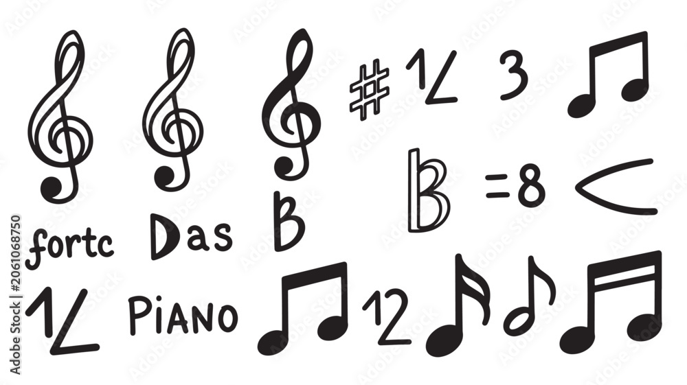 Fototapeta premium Hand-Drawn Musical Symbols and Notation Icons Featuring Notes, Treble Clefs, Dynamics and Piano Markings