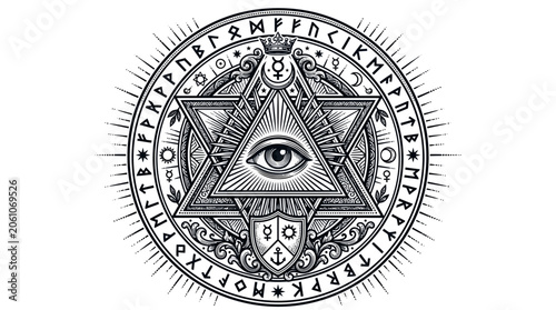 All Seeing Eye Triangle Symbol with Ancient Runes and Masonic Star - Occult Mysticism