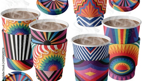 Colorful Rainbow Patterned Coffee Cups on White Background