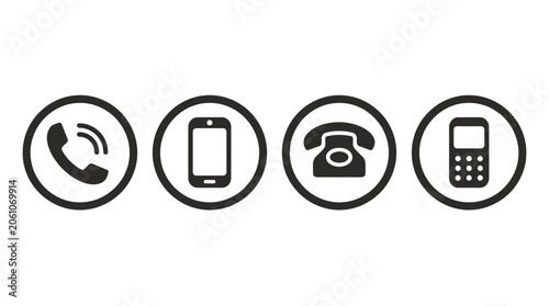 Collection of communication icons featuring telephone handset mobile phone and vintage rotary dialer in circular frames communication telephone connection technology smartphone cellular
