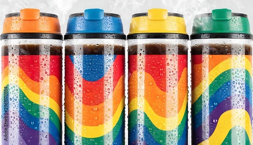 Row of colorful rainbow-patterned coffee cups with lids