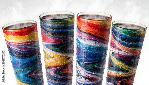 Colorful Rainbow Patterned Coffee Cups on White Background