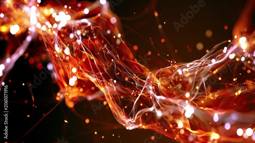 Fiery cosmic plasma currents swirl with glowing particles in deep space