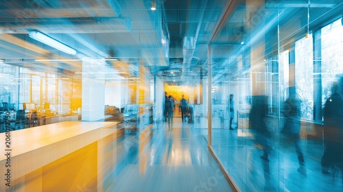 Blurred motion through a modern office hallway with figures and desks visible