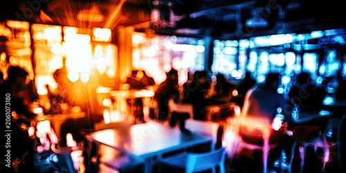 Blurry scene of people seated at tables in a dimly lit establishment