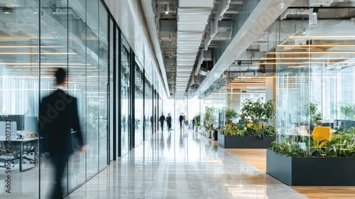 Blurred figure walks down a modern, sunlit office hallway with plants