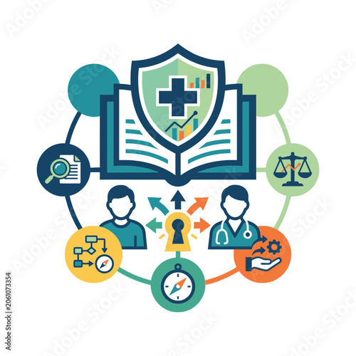 A flat vector illustration showing medical and legal data concepts