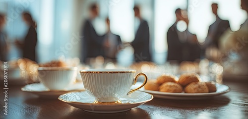 Elegant tea service with cookies and blurred business meeting in background