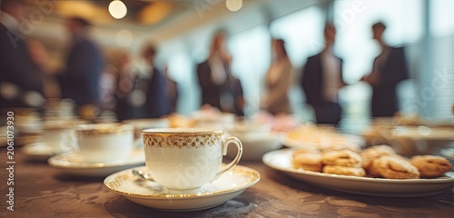 Elegant tea set and pastries arranged on a table, blurred people in background