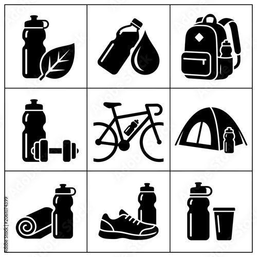 Hydration Bottle Silhouettes With Outdoor Activity Icons Black On White