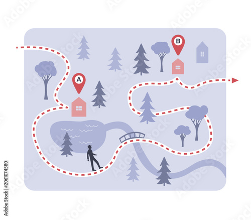Wayfinding and route navigation concept map with destination markers A and B.