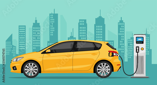 Tableau sur toile Yellow Electric Vehicle Charging at a Modern Urban Station Vector Illustration R