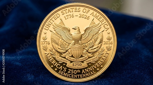 Commemorative gold coin celebrating america 250th anniversary semicentennial featuring eagle emblem and denomination on a rich textured dark blue velvet fabric background