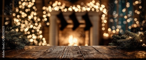 Rustic wooden table in front of a cozy fireplace with Christmas tree and stockings