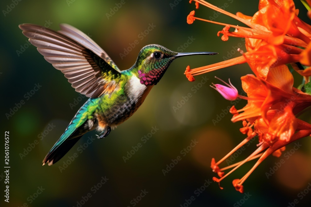 Fototapeta premium Hummingbird hovering in mid air near vibrant orange flower, wings blurred in flight