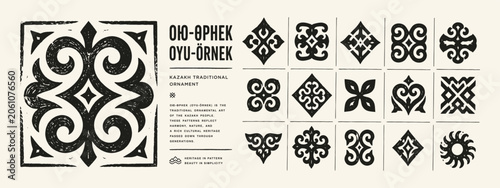 Kazakh traditional ornament collection with hand drawn black geometric patterns and motifs on light background