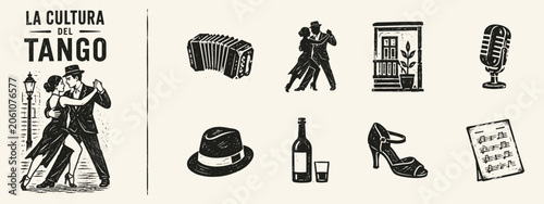 Vintage Tango Culture Illustration Set with Dancers Bandoneon and Musical Icons