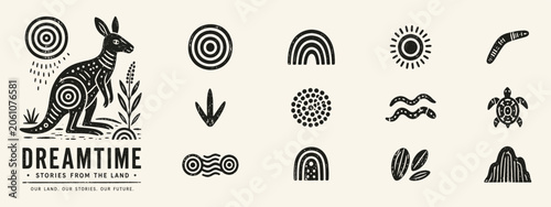 Set of Australian Aboriginal Inspired Dreamtime Symbols with Kangaroo Turtle and Boomerang Icons