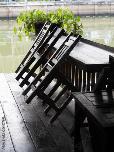 Wooden floors, wooden buildings, and wooden furnitures in the riverside shops