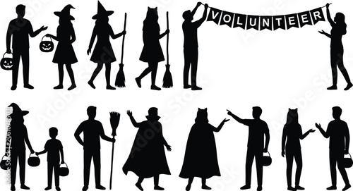 Fotografia Halloween volunteers and kids trick or treating silhouettes