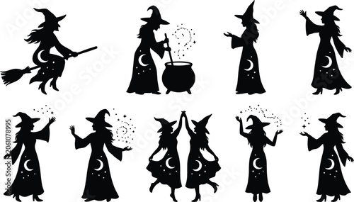 Fotografía Witches performing magic spells with broom and cauldron