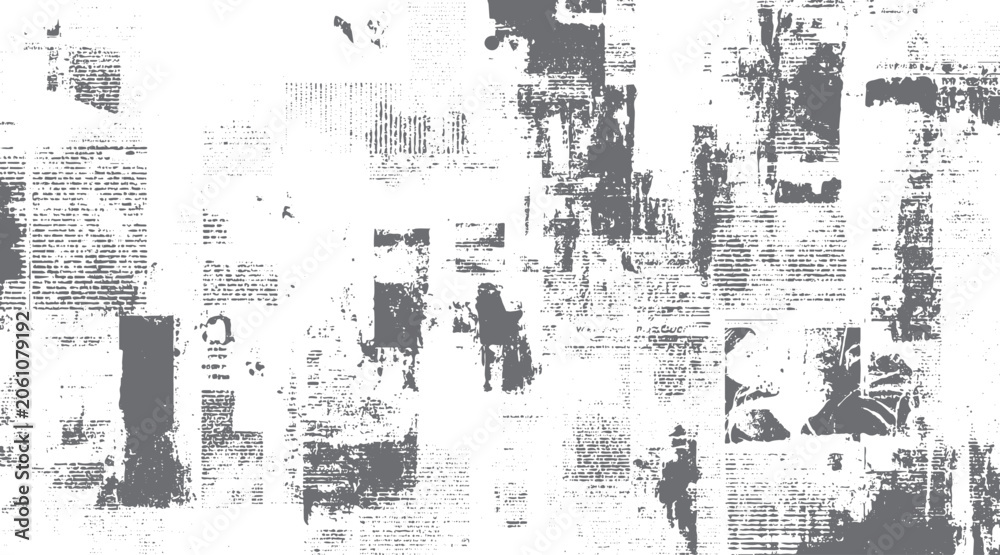 Obraz premium Distressed grey newspaper collage with text and abstract shapes on white background