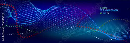 Digital Transformation Background With Glowing Neon Data Waves And Abstract Particle Flow On Dark Blue. Smart Digital Solutions. Vector Illustration.