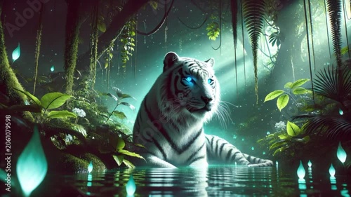 Video of white tiger with luminous blue eyes partially submerged in water, surrounded by lush jungle scenery and a mystical fantasy mood.
