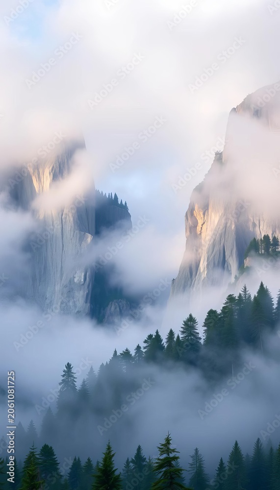 Fototapeta premium Misty Mountain Valley with Forest and Dramatic Cliffs
