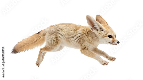 Small fennec fox with large ears leaps forward with high energy and speed captured in a crisp studio shot against a clean white background showing detailed tan fur and texture.
