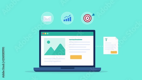 Modern flat vector animation featuring a laptop dashboard with email, analytics, and target icons. Ideal for email marketing, campaign performance tracking, audience engagement, and digital business c